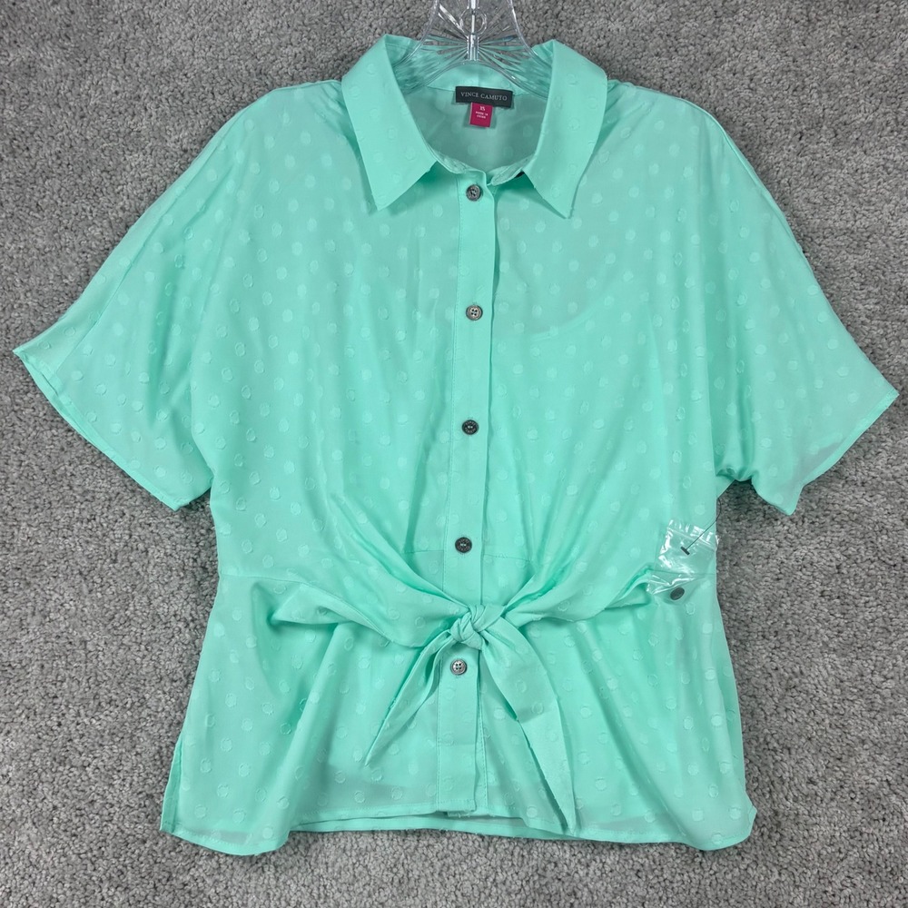 Vince Camuto Aqua Ice Clip Dot Front Tie Button Down Top 9120150 XS NEW